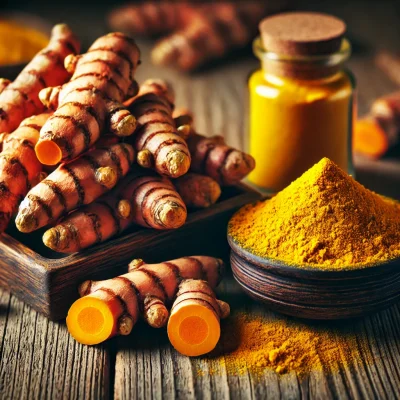 DALL·E 2024-11-18 11.27.08 - A vibrant image of fresh turmeric roots and turmeric powder displayed together on a rustic wooden table. The turmeric roots are golden-orange with det