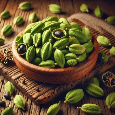 DALL·E 2024-11-18 11.27.44 - A visually appealing close-up of green cardamom pods displayed in a natural setting. The pods are vibrant and fresh, placed in a rustic wooden bowl on